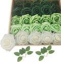 Artificial Fake Flowers 25pcs Roses, Shade of Green Foam Rose Faux Flower for DIY Wedding Bouquets Bridal Shower Centerpieces Floral Arrangements Party Tables Home Decorations