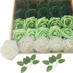 Artificial Fake Flowers 25pcs Roses, Shade of Green Foam Rose Faux Flower for DIY Wedding Bouquets Bridal Shower Centerpieces Floral Arrangements Party Tables Home Decorations