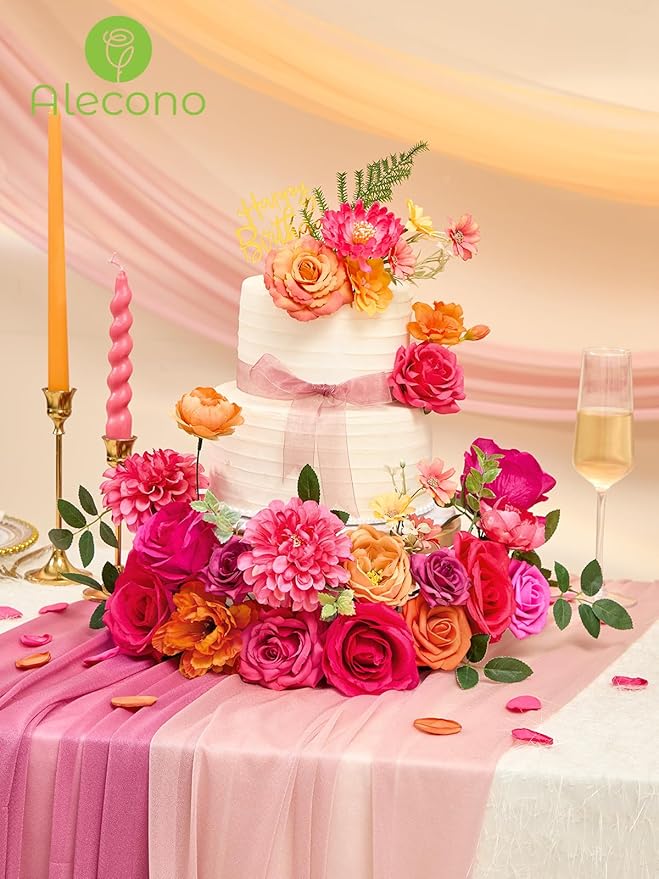 Alecono Artificial Flowers, Orange and Hot Pink Silk Fake Flowers for DIY Wedding Bouquets, Cake Flowers for Table Centerpieces Party Home Decorations