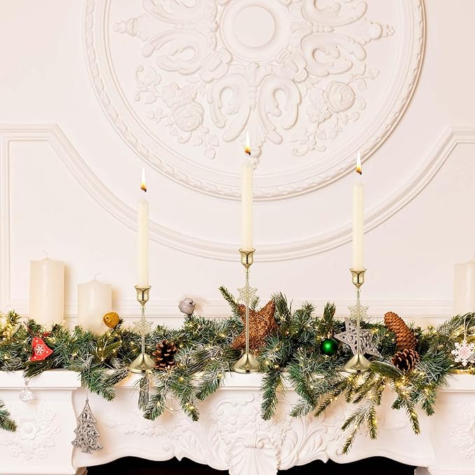 3 Pcs Christmas Candle Holders 3 Size Gold Taper Candlestick Holders Set Vintage Decorative Centerpiece for Table Mantel Wedding Housewarming Thanksgiving Gifts (Snowflake)