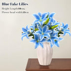 ASTRYAS 18 Heads Blue Fake Lilies, Artificial Lily Faux Lilies Bouquet with 18 Heads Full Bloom Lily & 6 Buds for Home Hotel Flower Arrangement Party Decor