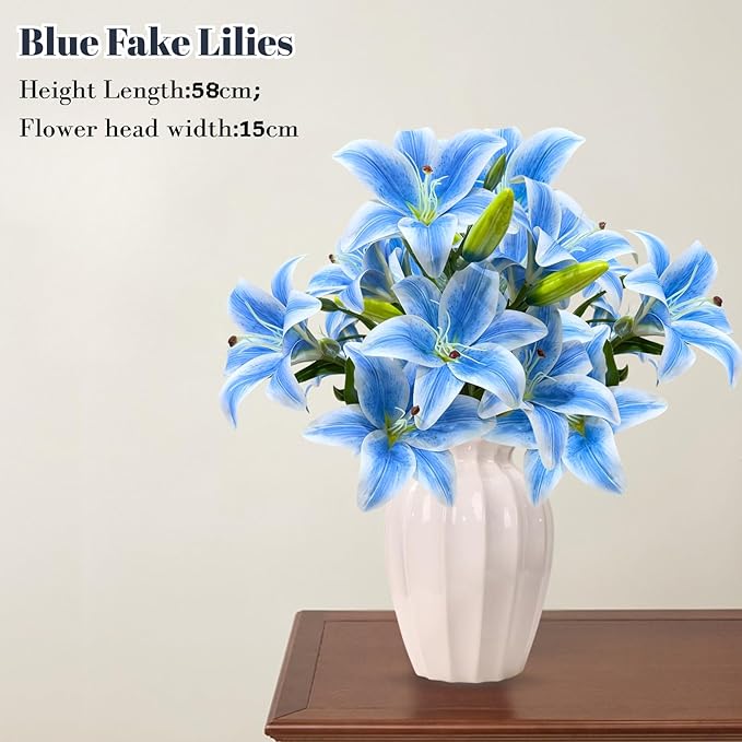 ASTRYAS 18 Heads Blue Fake Lilies, Artificial Lily Faux Lilies Bouquet with 18 Heads Full Bloom Lily & 6 Buds for Home Hotel Flower Arrangement Party Decor