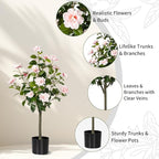Artificial Camellia Tree 2 Pack, Artificial Plants Outdoor Faux Floral Plant in Cement Pot Fake Silk Camellia Tree Plants for Home House Living Room Office Decor