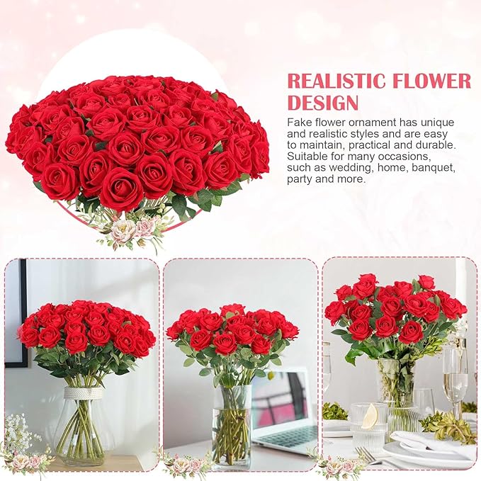60 Pcs Artificial Roses Bulk Velvet Silk Roses Red Rose Flowers for Wedding Centerpieces Bridal Bouquet Mohter's Day Valentine's Day Christmas Home Decor (60, Red)