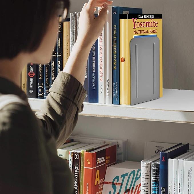 Acrimet Metal Bookends, Non-Skid Book Stand for Shelves, Heavy Duty Book Stopper, 6-7/8" H x 4" W x 4-1/2“ D, Silver, 1 Pair