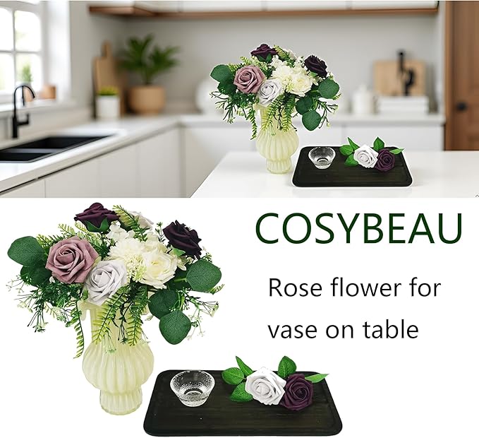Artificial Fake Flowers 25pcs Roses, Shade of Dark Purple Foam Rose Faux Flower for DIY Wedding Bouquet Bridal Shower Centerpieces Floral Arrangements Party Table Home Decorations