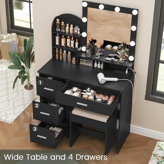 Quimoo Makeup Vanity with 10 Light Bulbs and Charging Station, Vanity Desk with Lighted Mirror & 4 Drawers, Vanity Table Set with Cushioned Stool,Black