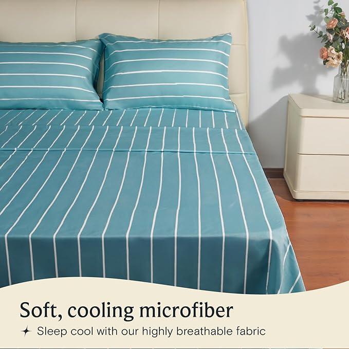 LuxClub 4 PC Full Size Sheet Set Bed Sheets, Breathable Luxury Deep Pockets Wrinkle Free Cooling Sheets Machine Washable Hotel Bedding (Full, Striped Light Blue)