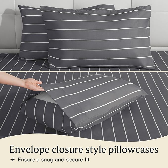 LuxClub 4 PC Full Size Sheet Set Bed Sheets, Breathable Luxury Deep Pockets Wrinkle Free Cooling Sheets Machine Washable Hotel Bedding (Full, Striped Light Grey)