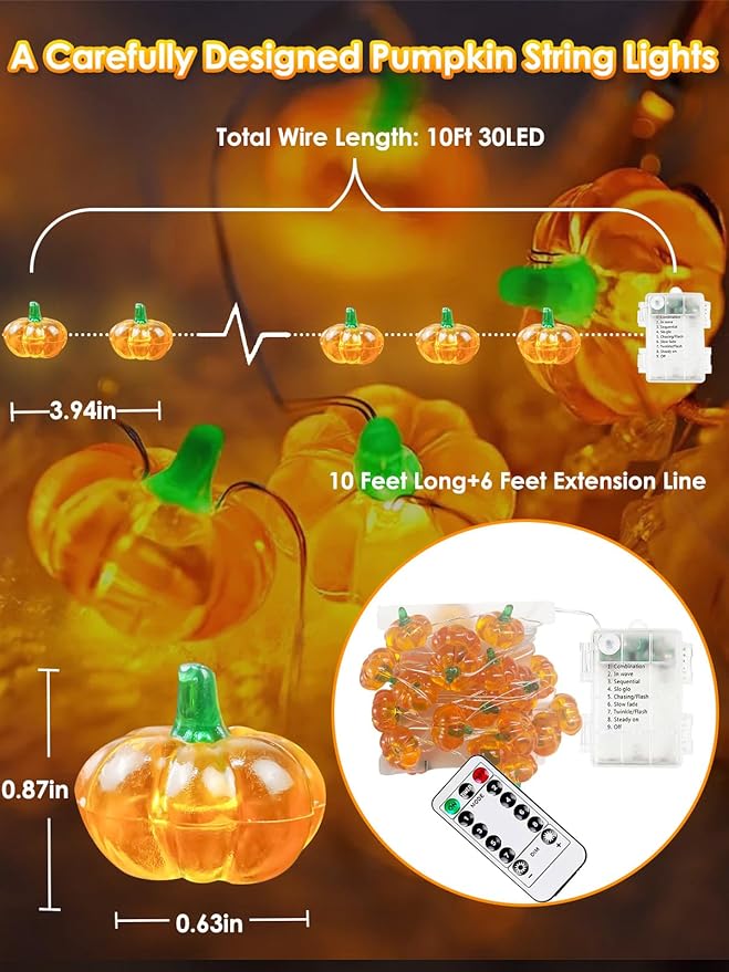 Fall Decorations 3D Pumpkin Fairy Lights Battery Operated with Remote, 10FT 30 LED Waterproof String Lights Outdoor Indoor with 8 Modes & Timer for Garland Harvest Party Thanksgiving Halloween Decor
