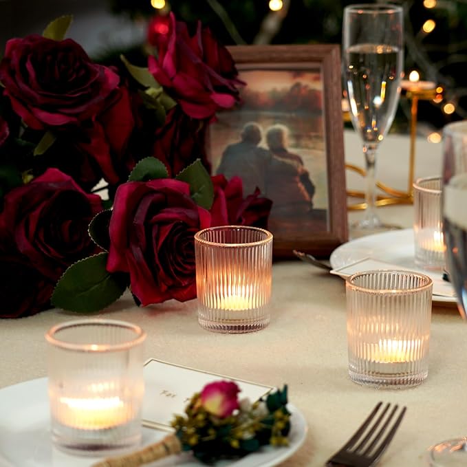 Homemory 12 Pcs Glass Votive Candle Holders, Clear Tealight Candle Holder, Vintage Candle Holders Bulk for Table Centerpieces, Christmas, Baby Shower, Birthday, Wedding
