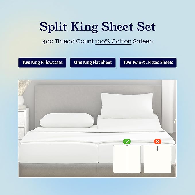 California Design Den Split King Sheets Sets for Adjustable Bed - Soft 400 Thread Count Sateen, Natural 100% Cotton Sheets, Deep Pockets, Breathable, Cooling & Durable Bedding Set - Ivory (Pale Tone)
