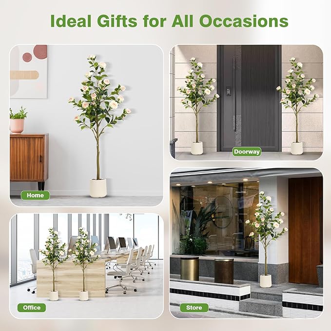 5FT Artificial Camellia Tree with White Planter & Pebbles,Faux Flower Tree with Lifelike Leaves and Realistic Trunk,Tall Fake Potted Plant for Home Decor Indoor Outdoor. (White, 5FT)