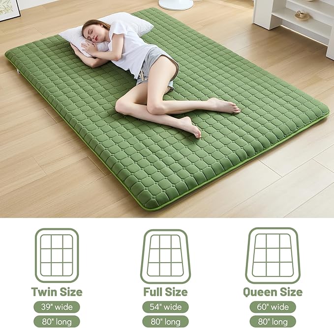 Japanese Floor Mattress Queen, Anti-Slip Japanese Futon Foldable Tatami Mat for Guests, Green