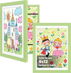 KINLINK 9x12 Kids Art Frames Set of 2, Solid Wood Kids Artwork Frames Changeable with Acrylic Front Opening Holds 150 Pictures, Art Frame for Kids Artwork with Mat or without Mat, Light Green