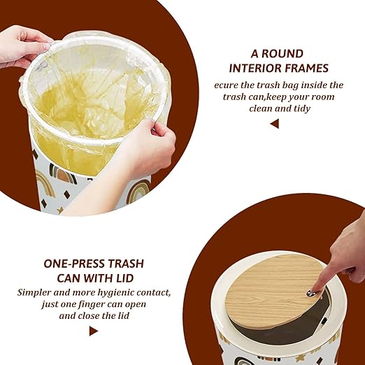Small Trash Can with Lid Scandinavian Boho Nursery Rainbow Neutral Gender Colors Watercolor Garbage Bin Pet Proof Waste Basket for Kitchen Bathroom Office Bedroom Decorative 1.8 Gallon