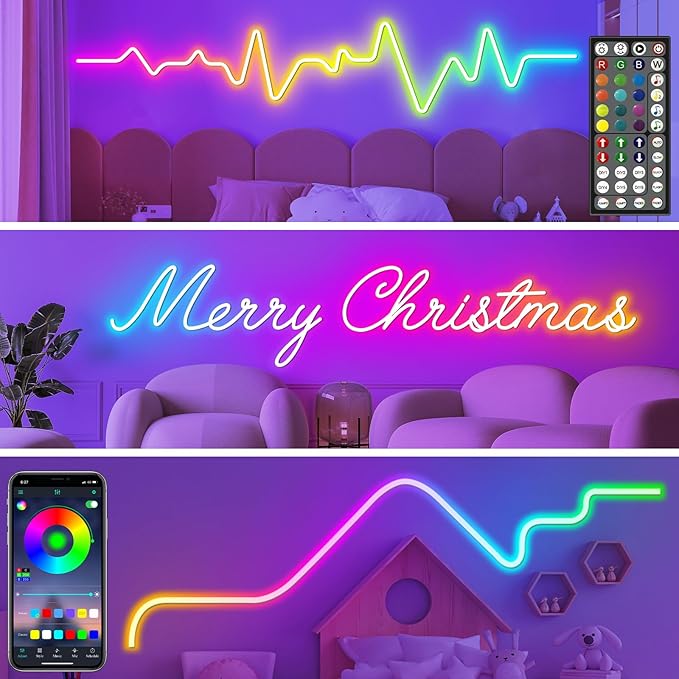 50Ft Neon Rope Lights,Flexible Led Rope Lights Control with App/Remote,Multiple Modes Rope Lights,IP65 Outdoor RGB Led Neon Lights Waterproof,Music Sync Gaming Led Neon Light Strip for Bedroom Decor