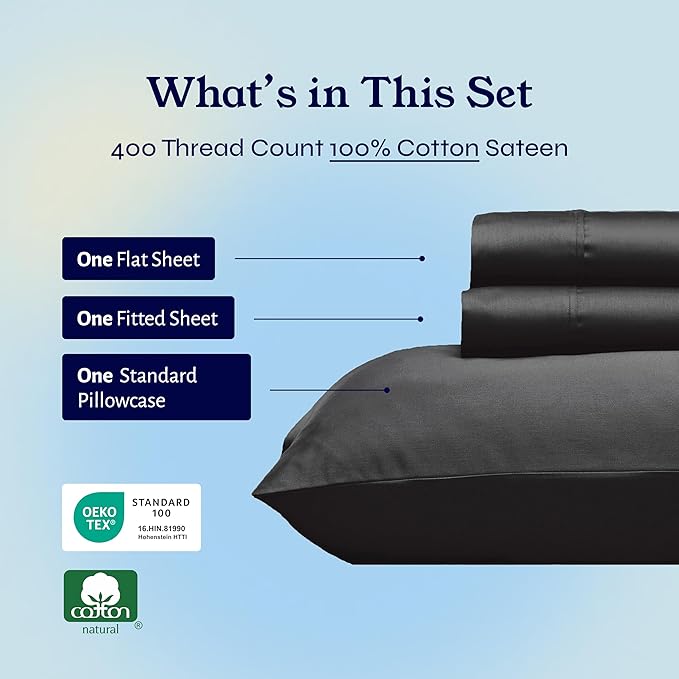 California Design Den Soft Twin Sheets Set - 400 Thread Count Sateen, 100% Cotton Sheets, Deep Pockets, Cooling and Durable Bedding Set for Dorm Rooms & Adults - Black
