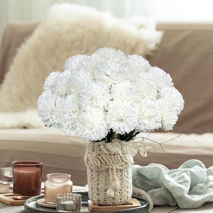 36 Pcs White Artificial Flowers Faux Ball Chrysanthemum Bouquet Silk Flowers Bridal Wedding Bouquet for Home Garden Party Office Coffee House Decoration (White)