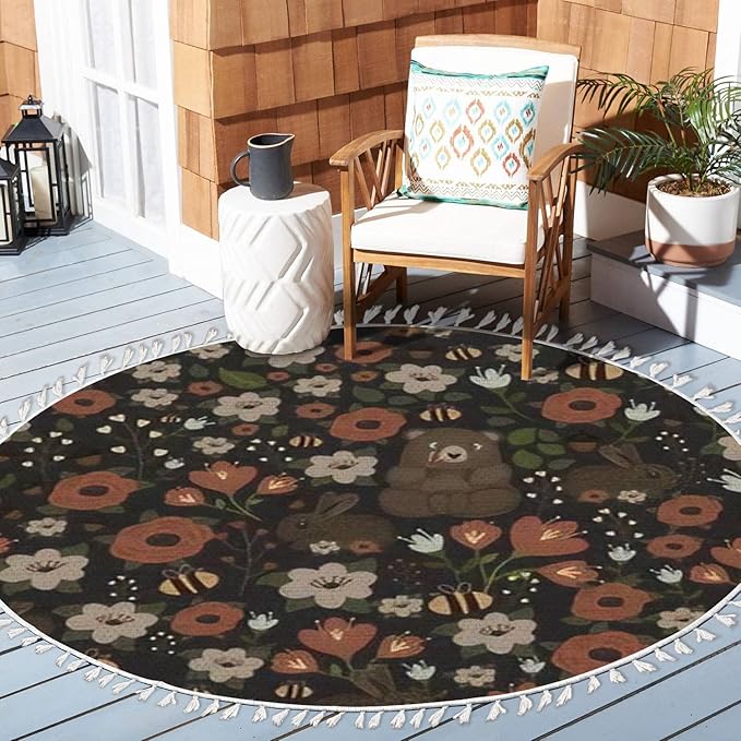 Round Rugs Bear Forest Bunny Rabbit Furry Animals Watercolor Flowers Scandinavian Boho Area Rug Linen and Cotton Carpet Meditation Rug Washable Hallway Runner Mat Accent Rug for Bedroom Bathroom 6ft