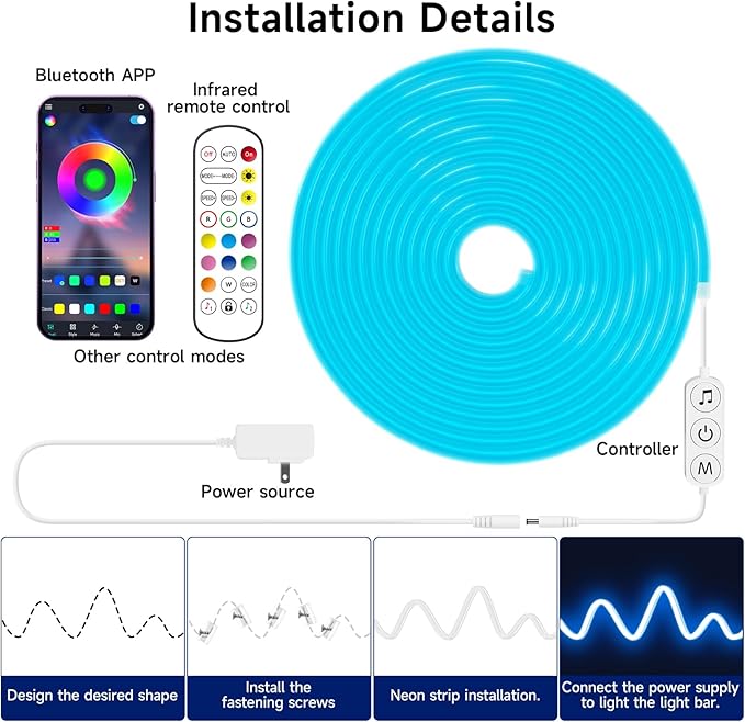 LED Neon Rope Lights, 13.1ft RGB LED Light Strip, 24V Music Sync App/Remote Control DIY Rope Light, IP67 Waterproof Gaming Neon Strip Lights for Bedroom Indoor Oudoor Décor