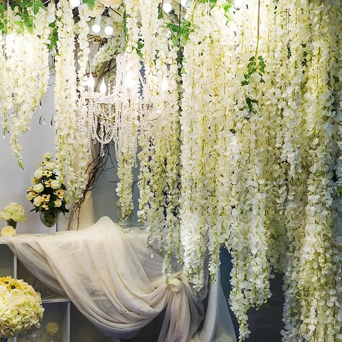 Artificial Wisteria Hanging Flowers Fake Wisteria Flower Garland Silk Vines Rattan Decor for Home Wedding Arch Wall Garden Greenery Bedroom Outdoor Office Party Decoration (24, White)