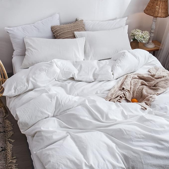MooMee Bedding Duvet Cover Set 100% Washed Cotton Linen Like Textured Breathable Durable Soft Comfy (Solid Off White, Full 80"x90")
