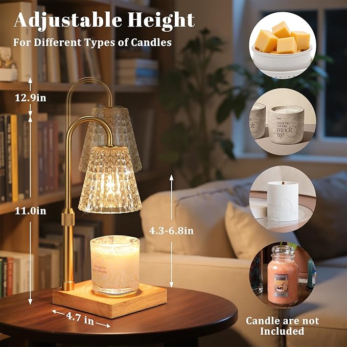 Crystal Adjustable Height Candle Warmer Lamp with Timer Dimmer,Birthday Gifts for Women Mom,House Warming Gifts New Home Room Decor,Vintage Wax Warmer for Scented Wax Jar Candles