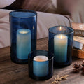 Large Hurricane Candle Holder Set of 3 Blue Candle Holders for Pillar Candles, Seeded Bubbles Glass Candle Holder, Blue Glass Cylinder Vases for Table Centerpieces, Home, Patio and Wedding 10"7"4"H