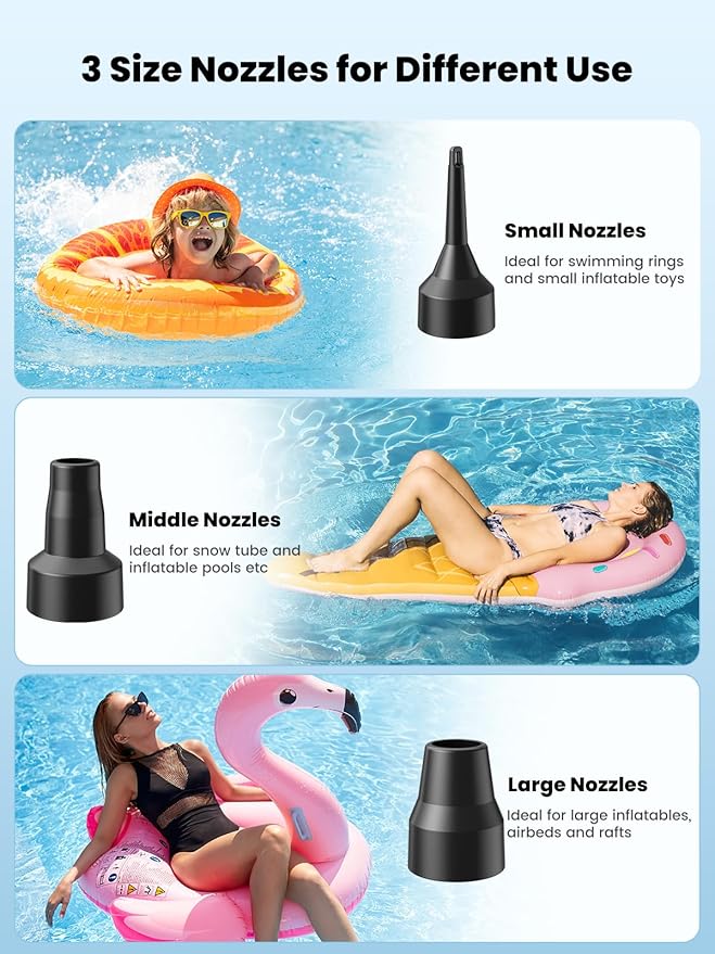 Air Mattress Pump, 3 Ways Powered Portable Electric Air Pump with 3-Nozzle AC 110V, DC 12V, Battery Operated Quick-Fill Inflator Deflator for Inflatable Pool Float Air Bed Boat Swimming Ring
