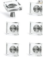 JEREVER 6 Pack Glass Crystal Knobs Brushed Nickel Drawer Pull Cabinet Handle for Dresser Kitchen (Square)