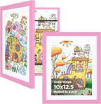 KINLINK 10x12.5 Kids Art Frames Set of 2, Solid Wood Kids Artwork Frames Changeable with Acrylic Front Opening Holds 150 Pictures, Art Frame for Kids Artwork with Mat or without Mat, Pink