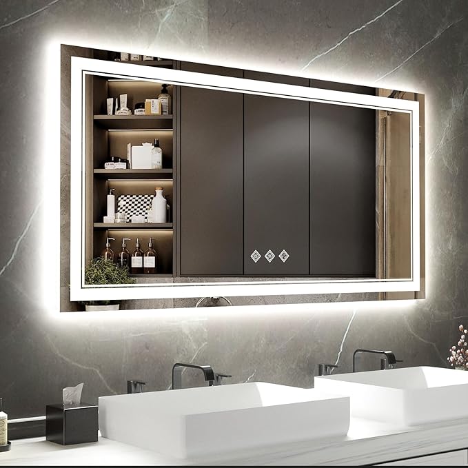 Backlit Bathroom Mirror, 55x30 Inch Gradient Front and Backlit Mirror, 3 Colors Dimmable CRI>90 Double Lights, IP54 Enhanced Anti-Fog, Hanging Plates Wall Mount LED Bathroom Mirror