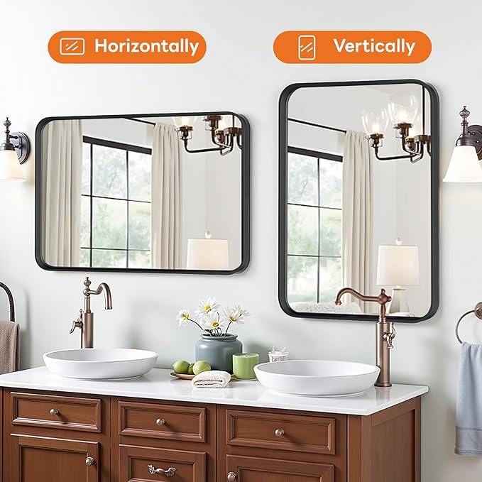 Bathroom Mirror 30x22 Inch Black Metal Framed Rounded Rectangle Vanity Mirror for Wall, Over Sink, Farmhouse, Restroom, Anti-Rust, Modern Decorative, Horizontal or Vertical Hanging