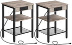 HOOBRO End Tables Set of 2 with Charging Station and USB Port, 3-Tier Nightstands with Adjustable Shelves, Small Side Tables for Small Space in Living Room, Bedroom and Balcony, Greige BG112BZP201