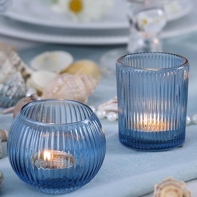 30pcs Assorted Ribbed Blue Votive Candle Holders, Blue Candle Holders for Wedding Table Centerpiece, Tea Light Candle Holder for Bridal Shower, Propose Party, Brithday and Holiday Decorations