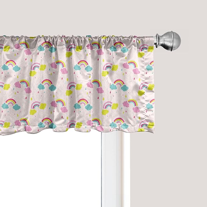 Ambesonne Cartoon Window Valance Pack of 2, Pastel Rainbows Clouds Raindrops Sky Theme, Rod Pocket Curtain Valances for Kitchen Bedroom, 54" X 12", Rose and Multicolor