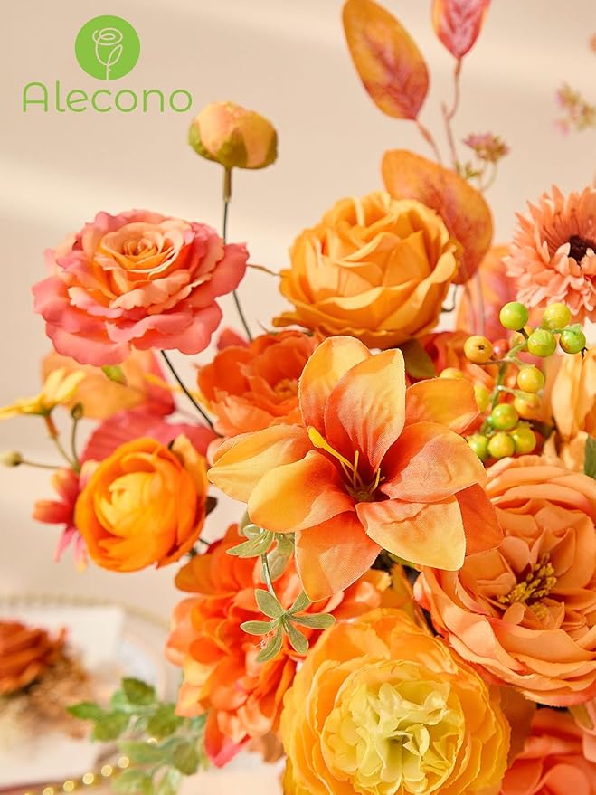 Alecono Artificial Flowers, Bright Orange Silk Fake Flowers for DIY Fall Wedding Bridal Bouquets, Cake Flowers for Table Centerpieces Birthday Party Home Decorations