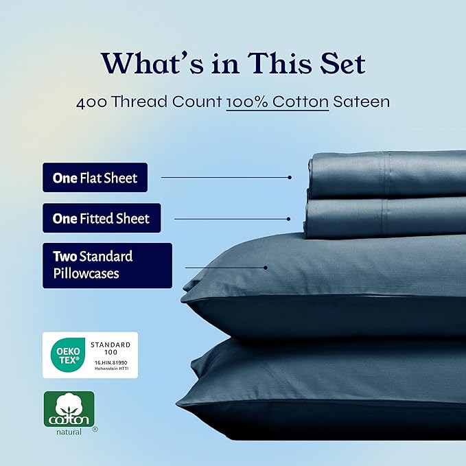 California Design Den Full Size Bed Sheets Set - Soft 400 Thread Count Sateen, Natural 100% Cotton Sheets with Deep Pockets, Breathable, Cooling and Durable Bedding Set - Peacock Blue