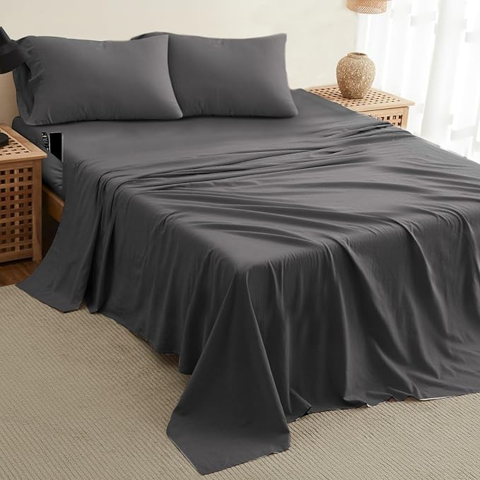 DREAMCARE King Size Sheets Set - Cooling Bed Sheets - 4pcs Set - up to 15" Deep Pocket King Sheet Set – Soft & Long Lasting Cooling - 100% Fine Brushed Polyester with Side Pocket - Gray