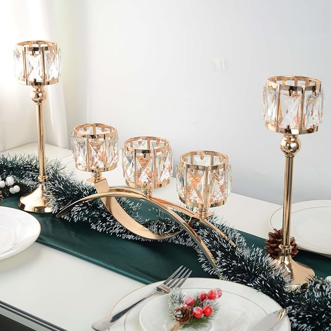 3 Arms Crystal Candle Holders, Arch Candlestick Table Candelabras Centerpieces for Wedding, Dinning Room, Cabinet Ornaments, Home Decoration, Gift (3-arm Arched Set, Gold)