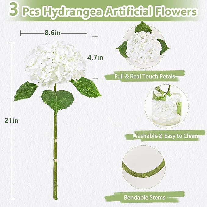 3 Pcs Real Touch Hydrangea Artificial Flowers, 21" White Full Faux Hydrangea Flowers Latex Fake Flowers for Home Decor Party Floral Arrangements Wedding Bouquets Centerpieces Outdoor Decor