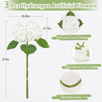 3 Pcs Real Touch Hydrangea Artificial Flowers, 21" White Full Faux Hydrangea Flowers Latex Fake Flowers for Home Decor Party Floral Arrangements Wedding Bouquets Centerpieces Outdoor Decor