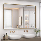 48x36 Inch Gold Bathroom Mirror, Brushed Metal Framed Gold Wall Mirror, Modern Rounded Rectangle Brass Vanity Mirror, Shatterproof, Anti-Rust (Horizontal/Vertical)