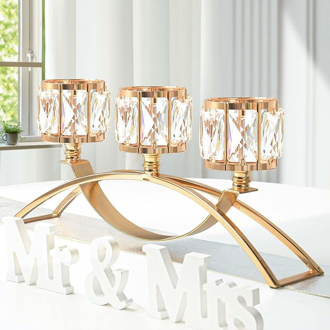 3 Arms Crystal Candle Holders, Arch Candlestick Table Candelabras Centerpieces for Wedding, Dinning Room, Cabinet Ornaments, Home Decoration， Gift (Gold, 2 Pcs-3 Arm Arched)