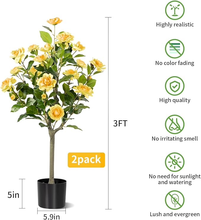Artificial Camellia Tree 2 Pack, Artificial Plants Outdoor Faux Floral Plant in Cement Pot Fake Silk Camellia Tree Plants for Home House Living Room Office Decor