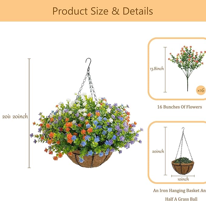 Artificial Hanging Flowers Basket for Outdoor, 16 Fake Flowers Look Real UV Resistant, Faux Hanging Plants for Porch, Balcony, Patio, Garden, Spring Summer Decor,MixA