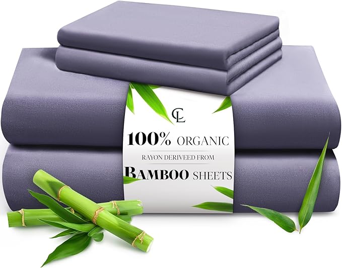 LuxClub Queen Sheet Set, 100% Rayon Derived from Bamboo Cooling Sheets, Breathable & Soft Deep Pocket Up to 16", Hotel Luxury Silky Sheets Queen Size, Light Grey