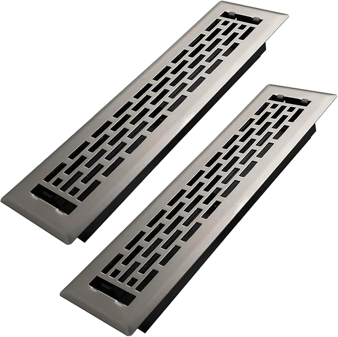 2x12 Inches 2 Pack Heavy Duty Walkable Floor Register - Easy Adjust Air Supply Lever Decorative Floor Vent Covers - Boston Design Vent Covers for Home - Satin Nickel