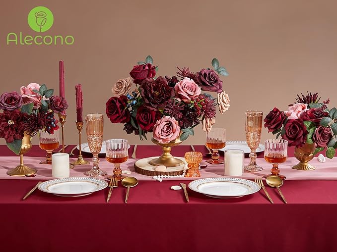 Alecono Artificial Flowers, Burgundy Silk Fake Flowers for DIY Wedding Bridal Bouquets, Red Cake Flowers for Wedding Table Centerpieces Birthday Party Home Decorations